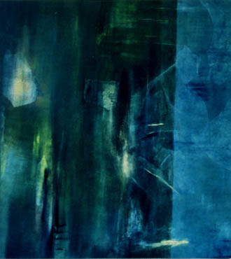 'Teilung indigo/blau', Acryl auf Nessel, 1996, 90 x 100