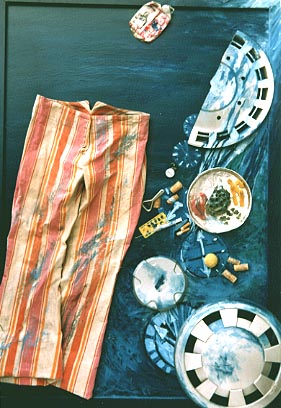 'Suchtplatte', Textil & Materialmontage auf Holz/Acryl, 100 x 135 x 7 cm
