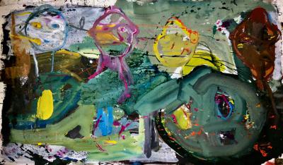`Die Beweinung des Singer-/Songwriters`, 2019, Mischtechnik auf Leinwand, 115 x 200cm