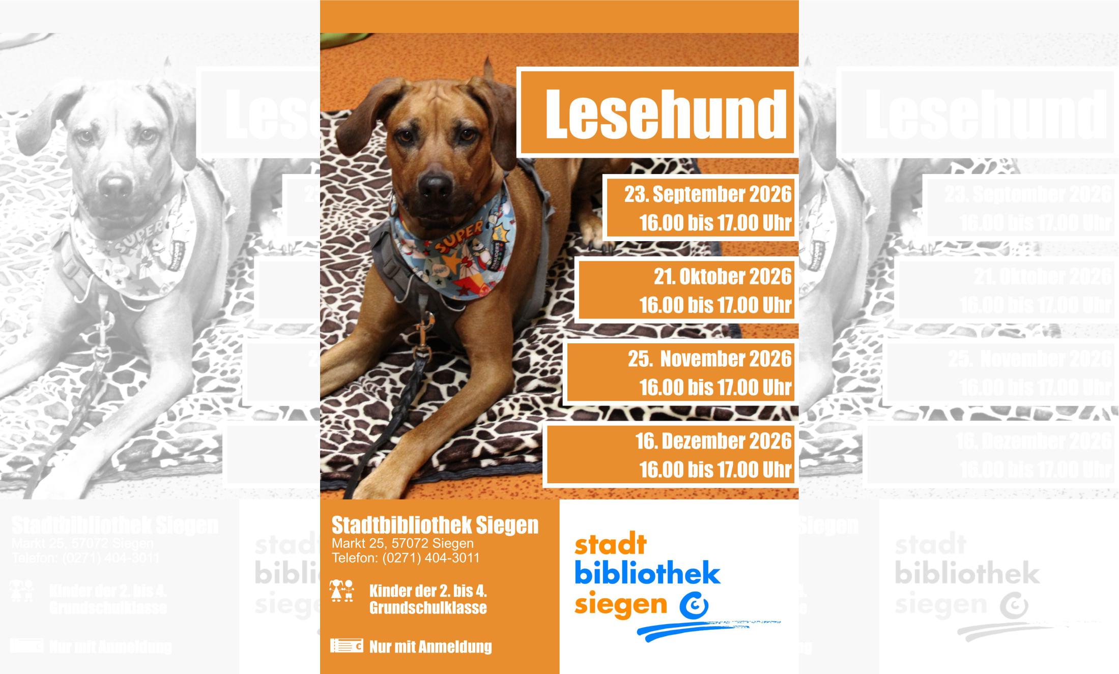 Plakat zur Vorlesen mit Lesehund in der Stadtbibliothek © Stadtbibliothek Siegen