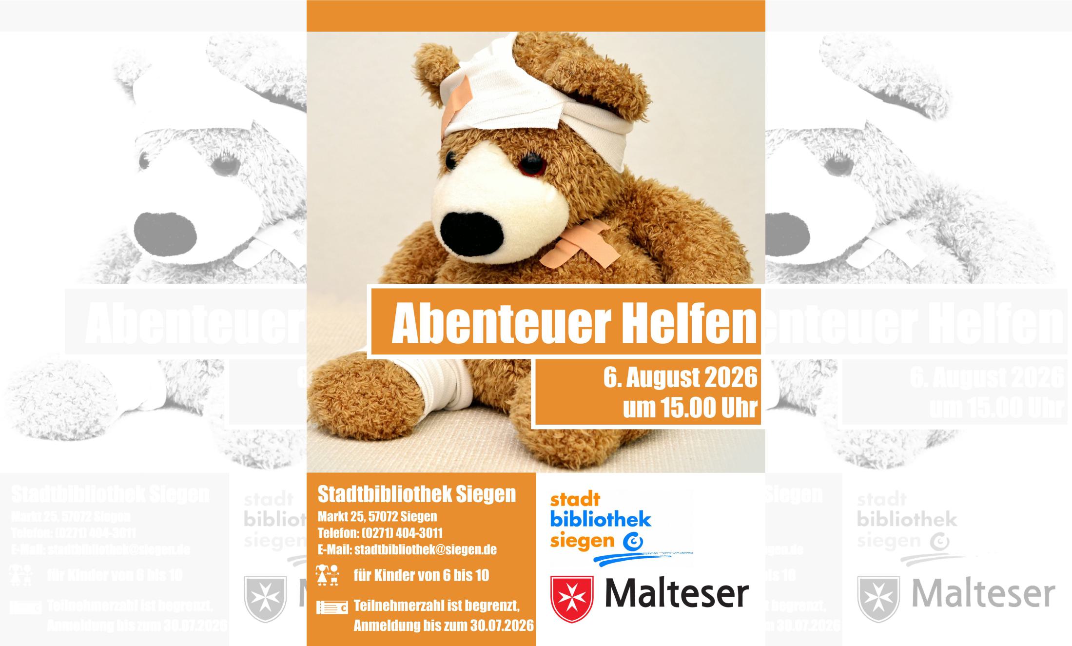 Plakat zum Workshop „Abenteuer Helfen“ in der Stadtbibliothek © Stadtbibliothek Siegen