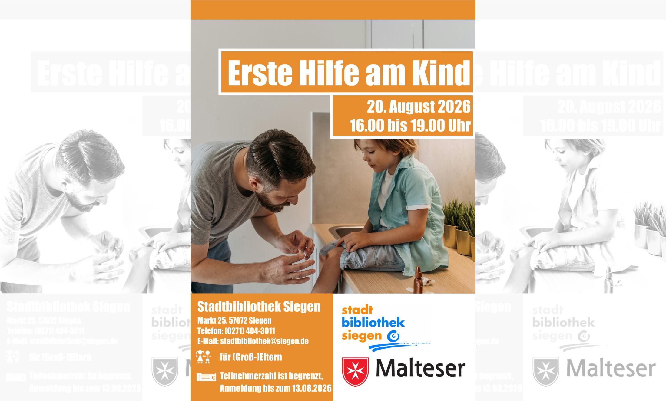 Plakat zum Erste-Hilfe-Crashkurs am Kind in der Stadtbibliothek © Stadtbibliothek Siegen
